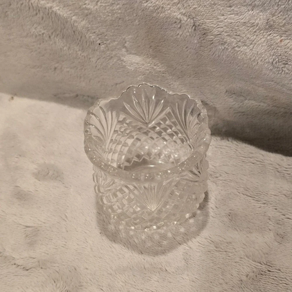 Vintage Clear Pressed Glass Votive Candle/Toothpick Holder Scalloped Rim